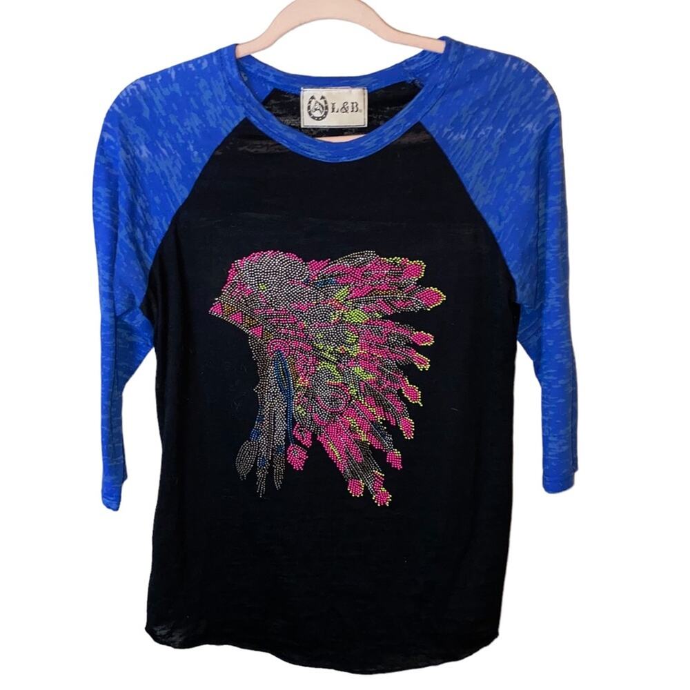 Rhinestone Native American Headdress Graphic‎ Tee Womens Medium Raglan